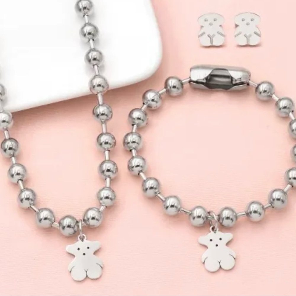 Teddy Bear Jewelry Set Silver